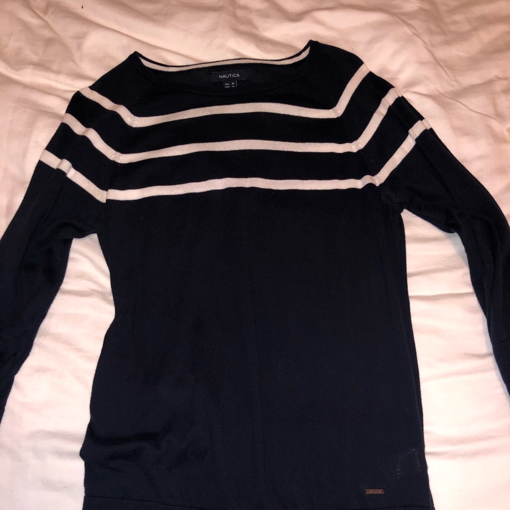 Navy blue, white striped nautica sweater